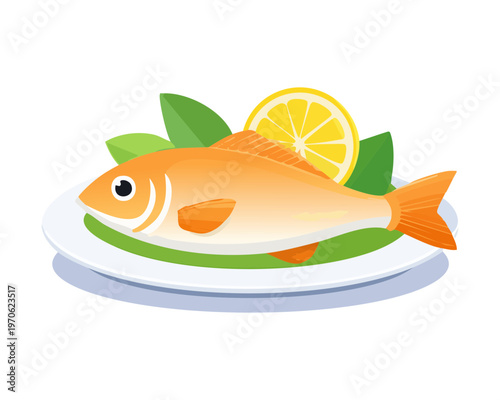 Fried fish served on a plate with lemon and garnish for seafood restaurant and dinner - Vector Illustration