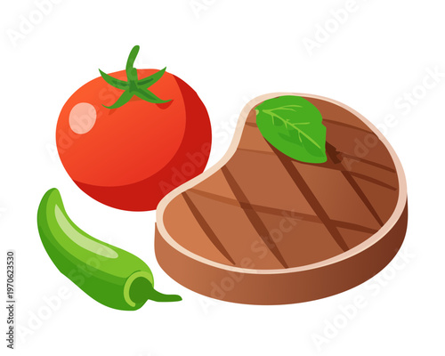 Grilled beef steak with tomato and chili pepper for restaurant menu and barbecue party concepts - Vector Illustration