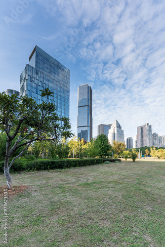 city park with modern building background in shanghai