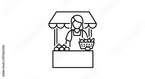 Farmer selling fresh produce at a market stall - Line Art Icon