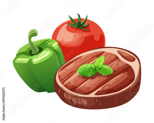 Savory beef steak with grilled vegetables for restaurant dinner menu and healthy protein meal concepts - Vector Illustration