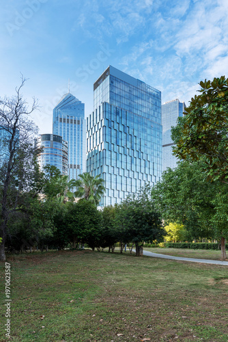 city park with modern building background in shanghai