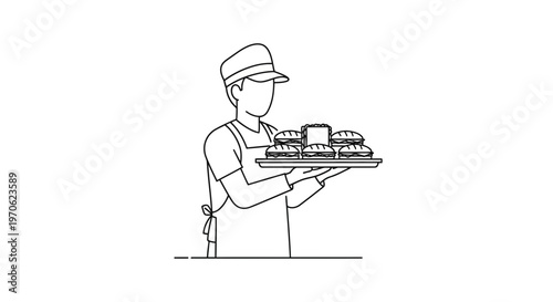 Fast food worker holding tray with burgers and fries, line art illustration