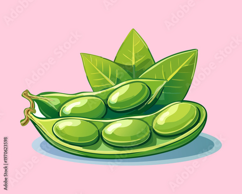 Fresh edamame pods with leaves for organic healthy snack and Japanese appetizer menu design elements - Vector Illustration