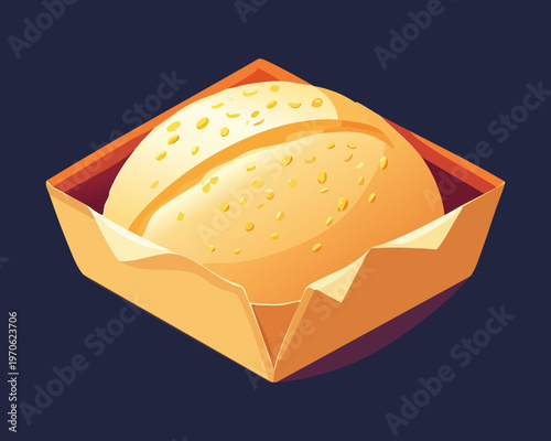 Freshly baked bread roll in a paper box for bakery shop and healthy breakfast snack - Vector Illustration