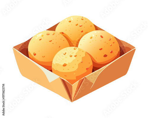 Box of fresh bread rolls or buns for bakery shop and morning breakfast meal preparation - Vector Illustration