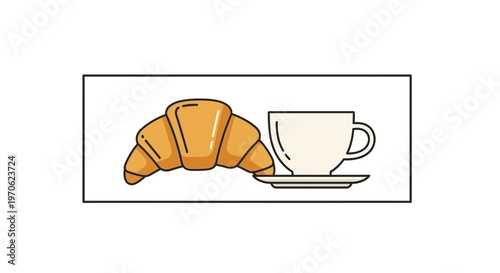 Fresh Croissant and Coffee Cup on Saucer, Breakfast Pastry and Beverage Icon