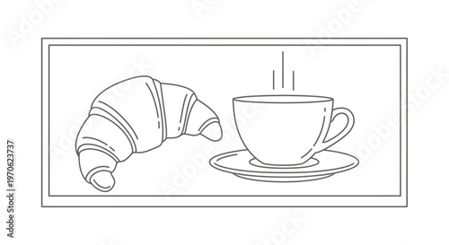 Fresh Croissant and Hot Coffee Cup on Saucer, Morning Breakfast Line Art