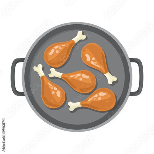 Pan of crispy fried chicken drumsticks for quick meal delivery and restaurant food menu designs - Vector Illustration
