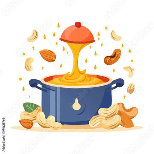 Cooking pot with steaming soup for healthy meal preparation and restaurant kitchen menu design elements - Vector Illustration
