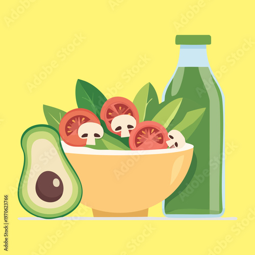 Healthy salad bowl with avocado and dressing for organic vegan diet and wellness lifestyle branding - Vector Illustration
