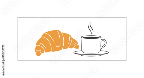 Fresh Croissant and Hot Coffee Cup with Steam on White Background, Breakfast Concept