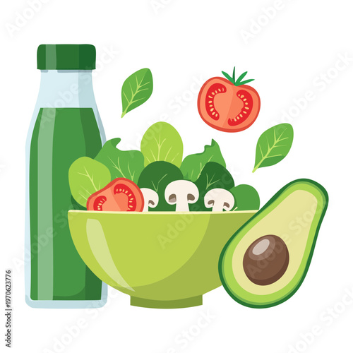 Fresh avocado salad bowl with tomatoes for healthy vegetarian meal and organic nutrition marketing designs - Vector Illustration