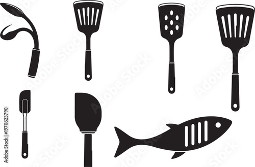 Vector Set of Kitchen Spatulas and Cooking Utensils Silhouettes with Fish Icon