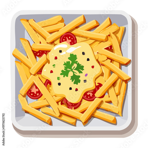 Plate of crispy French fries with cheese and tomato garnish for fast food restaurant menu - Vector Illustration