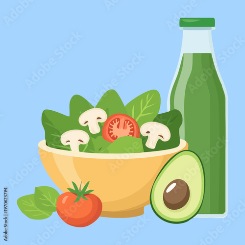 Mixed vegetable salad with avocado and bottle of dressing for healthy vegan lifestyle and diet - Vector Illustration