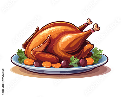 Roasted whole turkey with garnish for festive Thanksgiving dinner and holiday celebration menu design elements - Vector Illustration