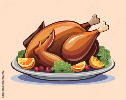 Traditional roasted turkey for Christmas dinner and festive holiday family meal for restaurant menu concepts - Vector Illustration