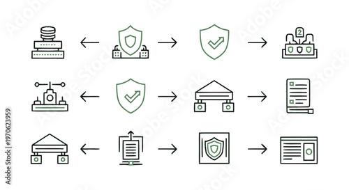 Cybersecurity and Data Protection Process Flow with Shield Icons.