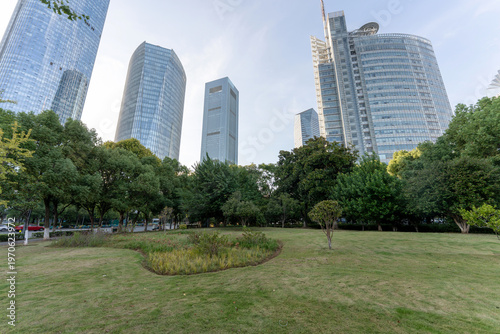 city park with modern building background in shanghai
