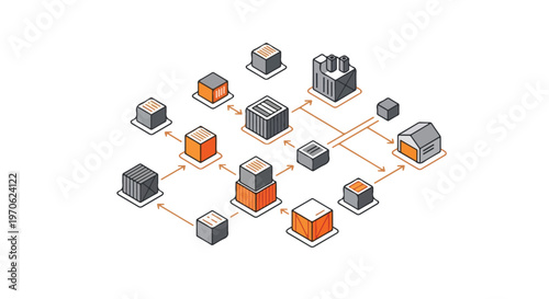 This isometric illustration shows a complex network of industrial buildings, shipping containers, and crates connected by directional orange arrows.