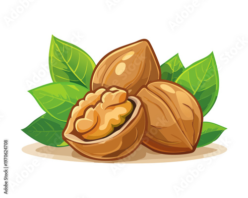 Whole walnuts in shells paired with green leaves for natural snack packaging and organic health food store design - Vector Illustration