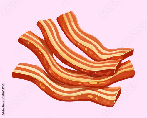 Three strips of crispy fried bacon with wavy texture for breakfast menu and greasy snack food lovers advertisement - Vector Illustration