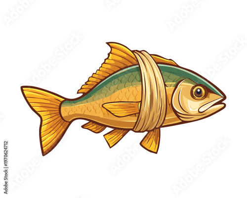 Long fish tied with string showing gills and fins for traditional fishmonger stall and marine life illustration series - Vector Illustration