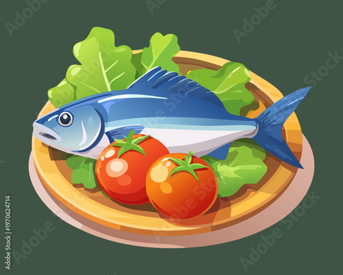 Whole grilled fish served on a platter with green salad and tomatoes for healthy mediterranean dinner menu options - Vector Illustration