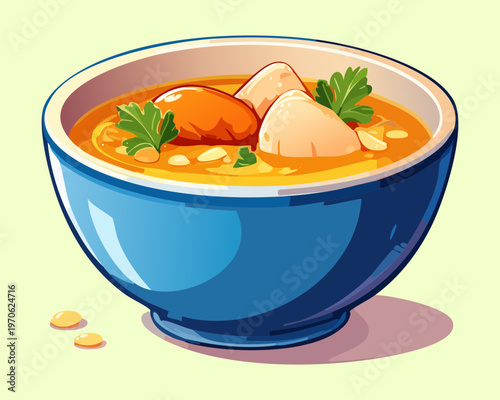 Hearty vegetable stew in a blue ceramic bowl featuring carrots and herbs for cozy home cooking and recipes - Vector Illustration