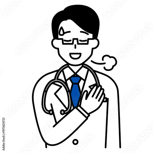 胸に手を当ててホッとする医師の男性