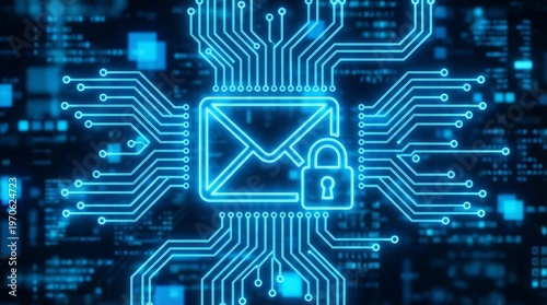 A prominent glowing blue email icon with a clear padlock signifies enhanced digital security and protected electronic communication across a circuit board.