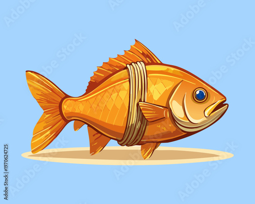 Golden orange fish tied with hemp rope for artisanal seafood packaging and fresh fish market display signages - Vector Illustration