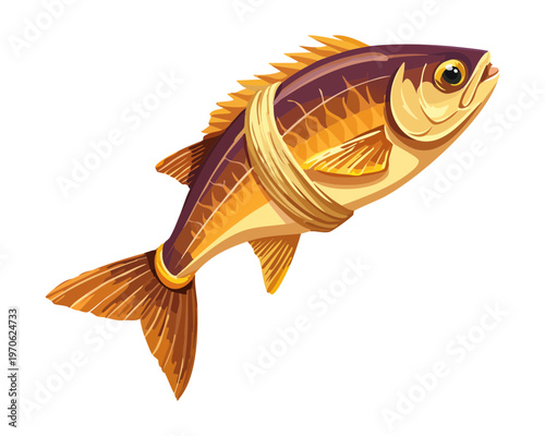 Single fish tied with brown cord for seafood market branding and traditional fishing industry advertisement for local shops - Vector Illustration