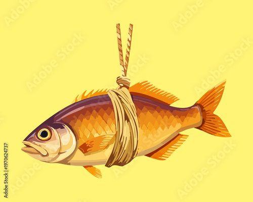 Small golden fish tied with string representing fresh catch from the market or traditional sun drying preservation methods - Vector Illustration