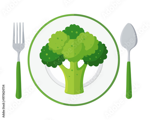 Healthy broccoli florets arranged on a white plate with cutlery for nutritious vegetarian meal and dietary health blog - Vector Illustration