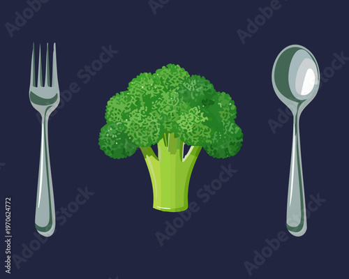 Serving of fresh broccoli on a dark plate with fork and spoon for healthy vegan lifestyle and dieting - Vector Illustration