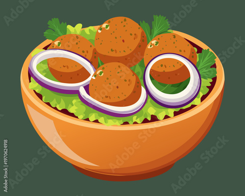 Middle eastern falafel bowl with salad and red onions for ethnic restaurant menu and vegetarian protein rich diet - Vector Illustration