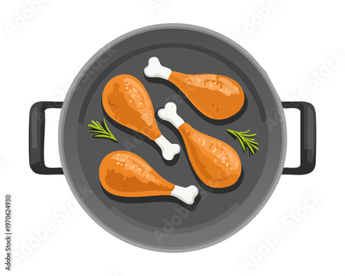 Fried chicken legs in a black skillet for home cooking blog and rustic restaurant dinner menu meat options - Vector Illustration