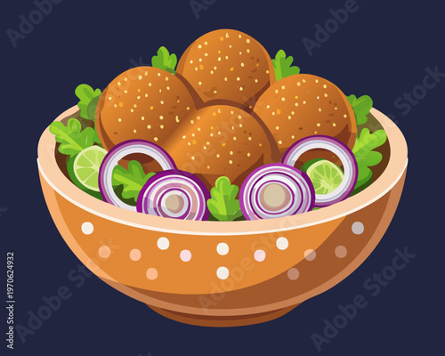 Authentic falafel bowl with greens and onion for vegetarian fast food and middle eastern cuisine advertising and menu - Vector Illustration
