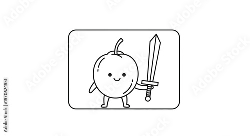 Cute cartoon apple character holding a sword, ready for adventure, vector illustration