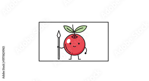 Cute cartoon cherry character holding a spear, isolated on white background