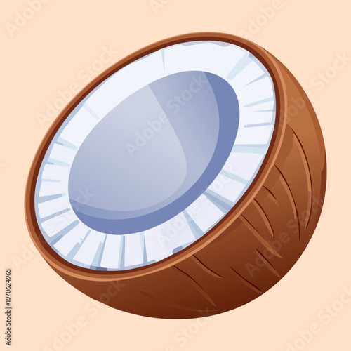 Open coconut half with fresh white meat for tropical dessert recipes and organic beauty product ingredient advertising - Vector Illustration