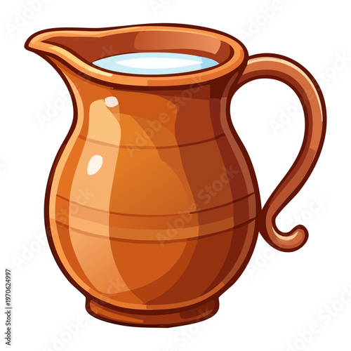 Traditional brown clay pitcher filled with fresh milk for dairy product advertising and rustic breakfast table setting design - Vector Illustration