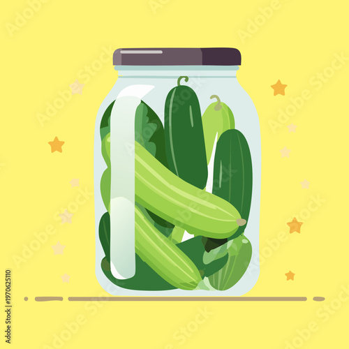 Glass jar of pickled cucumbers for traditional food preservation and organic pantry snacks for healthy home style cooking - Vector Illustration