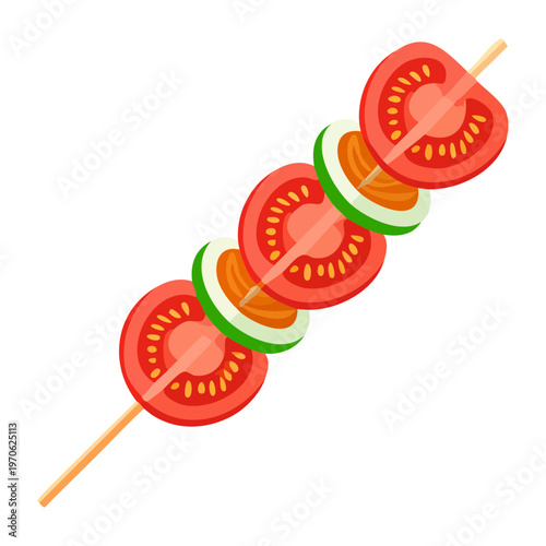 Healthy vegetable skewer with tomatoes and green leaves for outdoor barbecue and nutritious vegetarian party appetizer and snacks - Vector Illustration