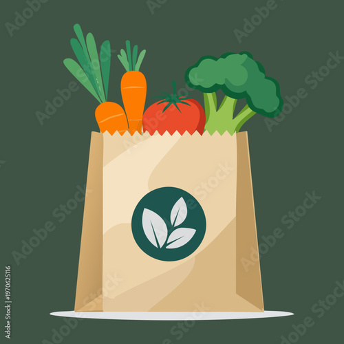 Paper bag filled with fresh organic vegetables for healthy grocery shopping and eco friendly lifestyle and diet planning - Vector Illustration