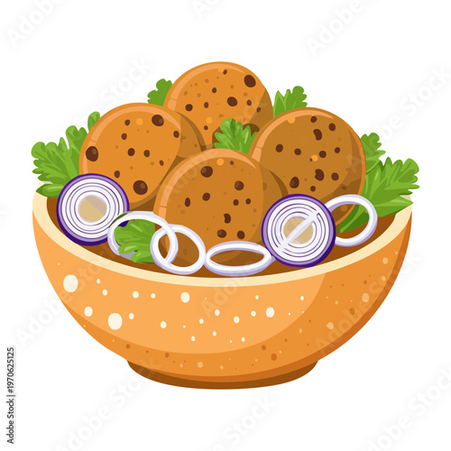 Delicious falafel bowl with fresh salad and red onions for healthy middle eastern vegetarian meal and restaurant menu - Vector Illustration