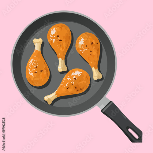 Fried chicken legs in a black pan for rustic kitchen blog and home cooked meat dinner recipes for family - Vector Illustration
