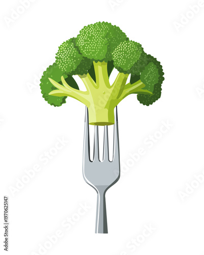 Fresh broccoli floret on a metal fork for healthy diet and weight loss and vegan nutrition education and blog - Vector Illustration